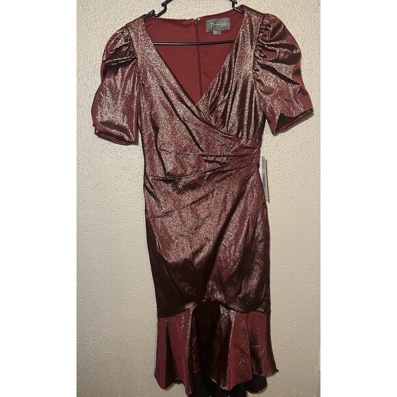 THEIA Mya Lurex Stretch jaquard v-neck midi dress with short sleeves Sz 6 - Picture 3 of 16